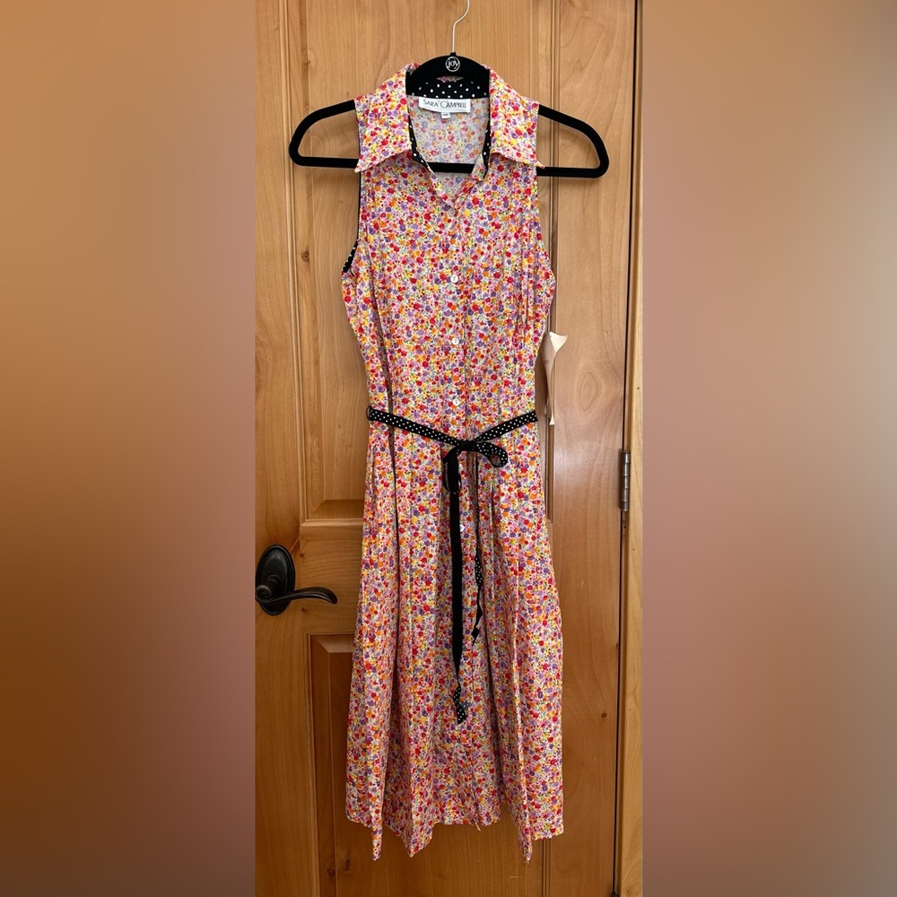 Sara Campbell Pink Floral Midi Dress with Black Polka Dot Belt